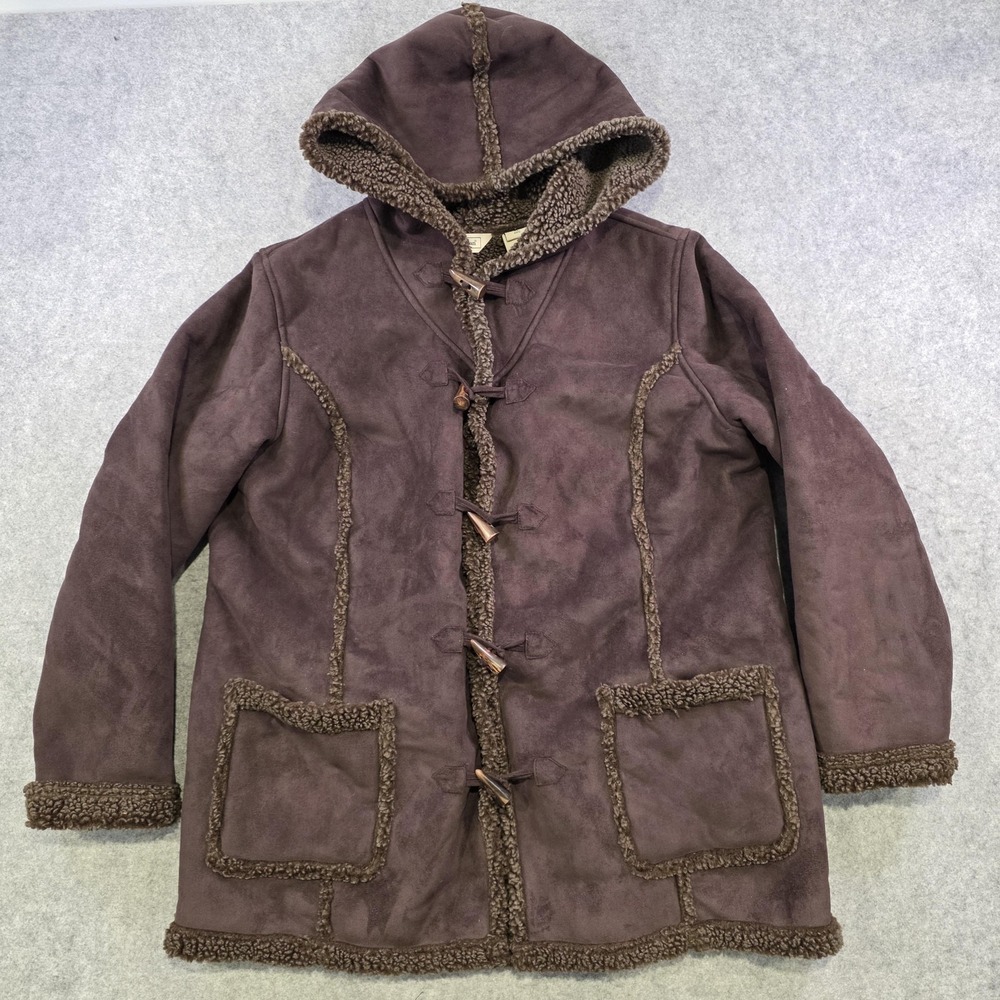 LL Bean Coat Womens XL Brown Faux Fur Lined Hooded Toggle Fleece‎ Parka Jacket - Picture 2 of 13
